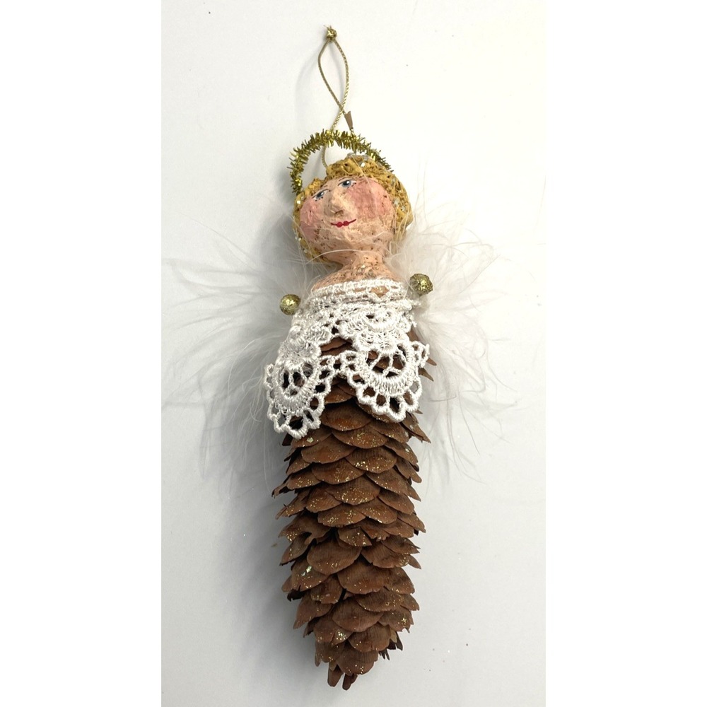Vtg Pinecone Angel Christmas Ornament Feather Wings Lace Collar Tinsel Halo 6.5"